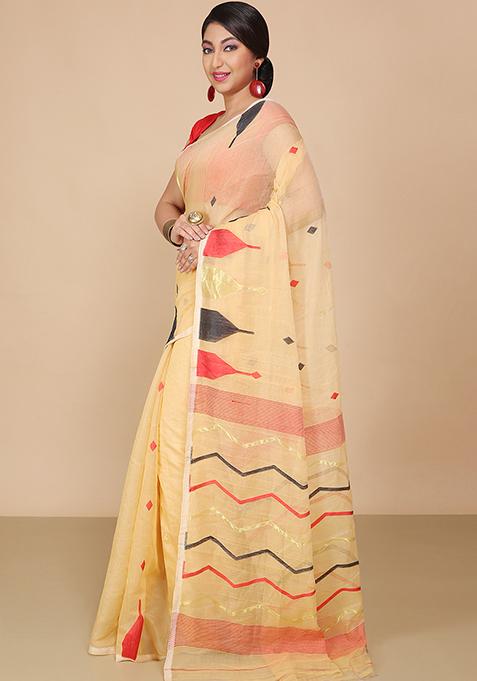 Beige Jamdani Art Silk Saree