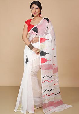 White Jamdani Art Silk Saree