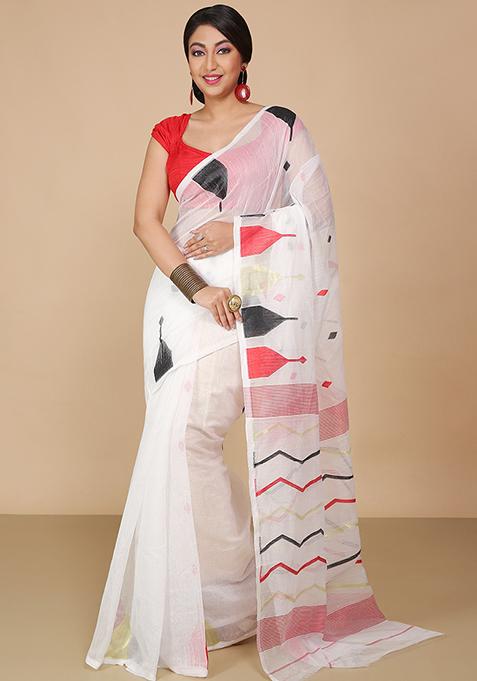 White Jamdani Art Silk Saree