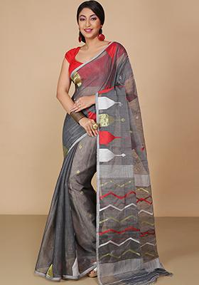 Grey Jamdani Art Silk Saree