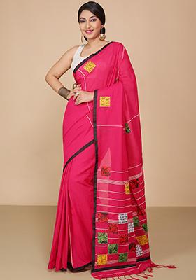 Pink Embroidered Art Silk Saree Set