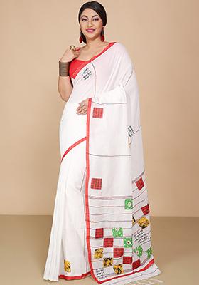 White Embroidered Art Silk Saree Set