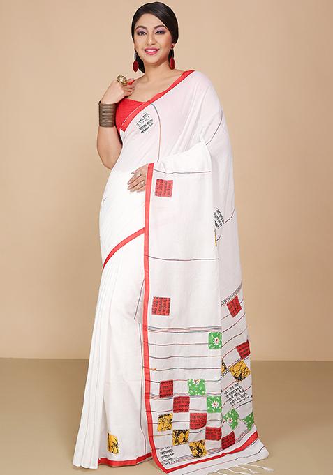 White Embroidered Art Silk Saree Set