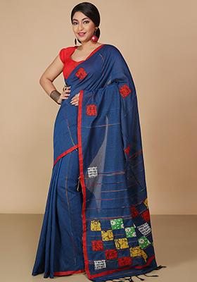 Turquoise Embroidered Art Silk Saree Set
