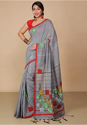 Grey Embroidered Art Silk Saree Set