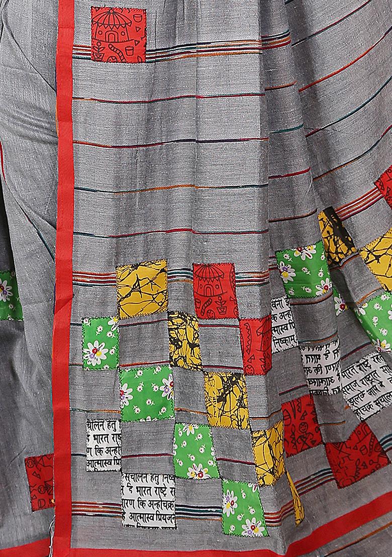 Grey Embroidered Art Silk Saree Set - Indya