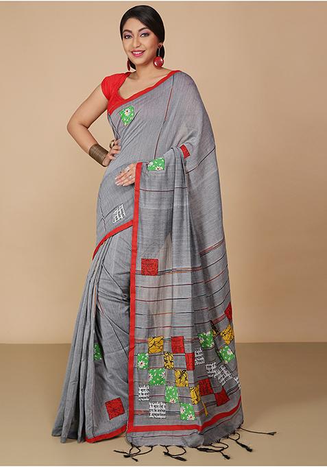 Grey Embroidered Art Silk Saree Set