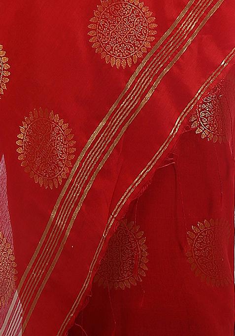Red Embroidered Art Silk Saree Set
