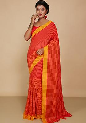 Red Embroidered Cotton Saree Set