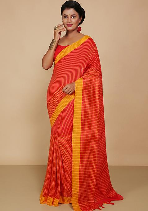 Red Embroidered Cotton Saree Set