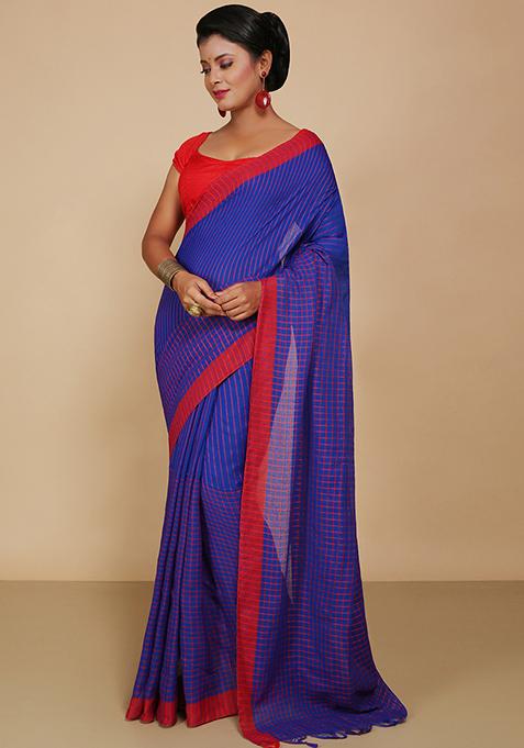 Blue Embroidered Cotton Saree Set