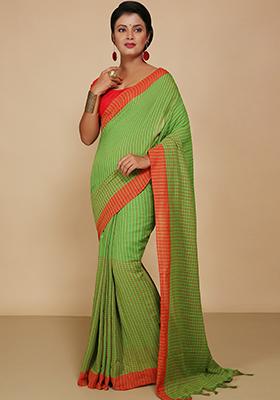 Green Embroidered Cotton Saree Set