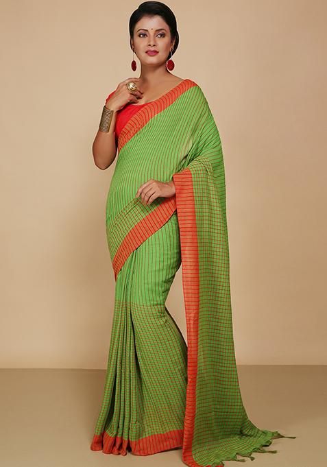 Green Embroidered Cotton Saree Set