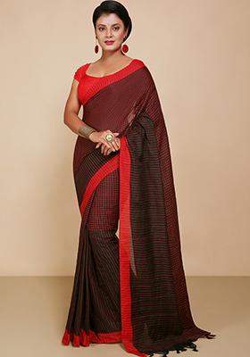 Black Embroidered Cotton Saree Set