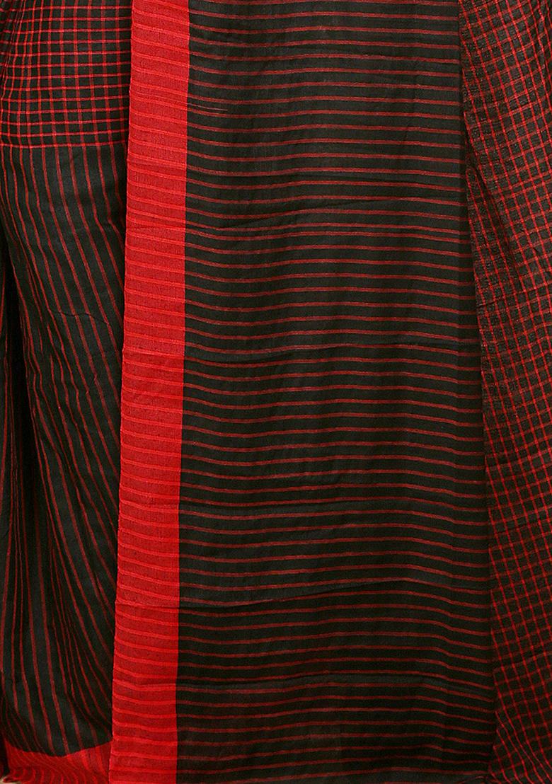 Black Embroidered Cotton Saree Set - Indya