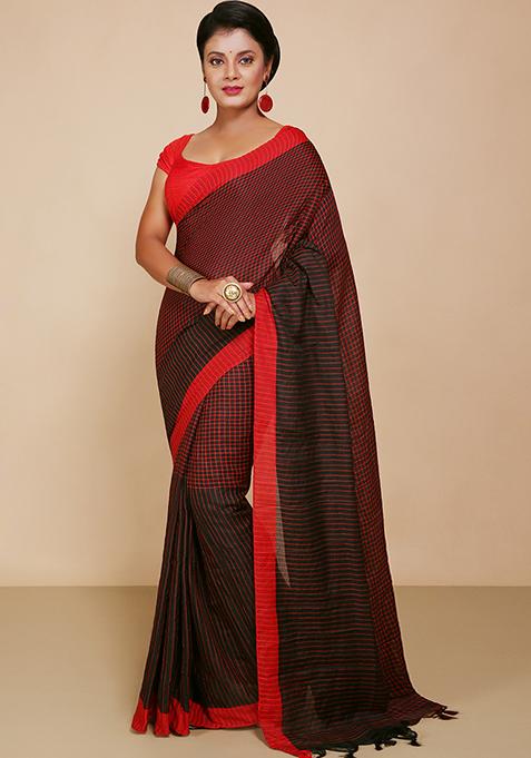 Black Embroidered Cotton Saree Set
