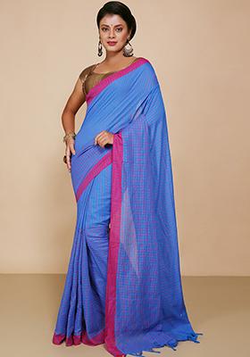Turquoise Embroidered Cotton Saree Set