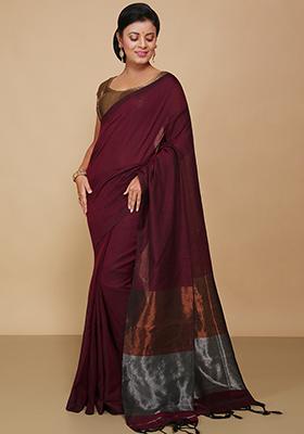 Maroon Embroidered Cotton Saree Set
