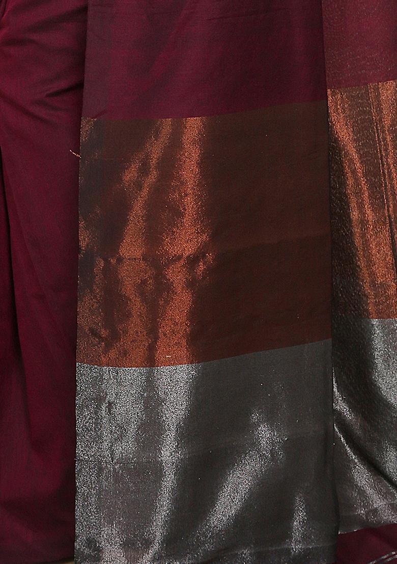Maroon Embroidered Cotton Saree Set - Indya