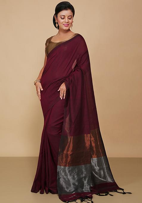 Maroon Embroidered Cotton Saree Set