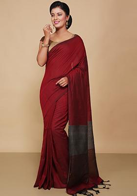 Red Embroidered Cotton Saree Set