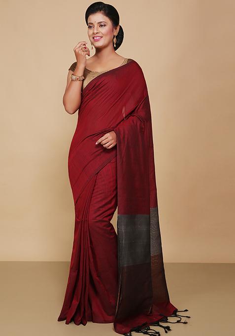 Red Embroidered Cotton Saree Set