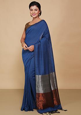 Turquoise Embroidered Cotton Saree Set