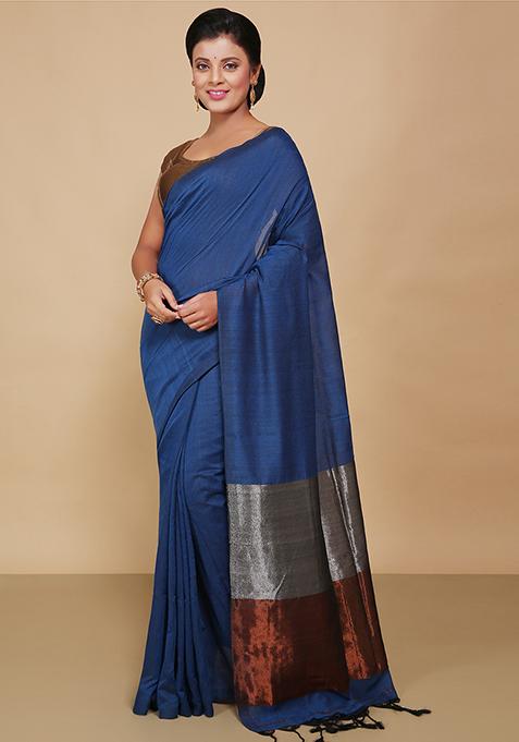 Turquoise Embroidered Cotton Saree Set