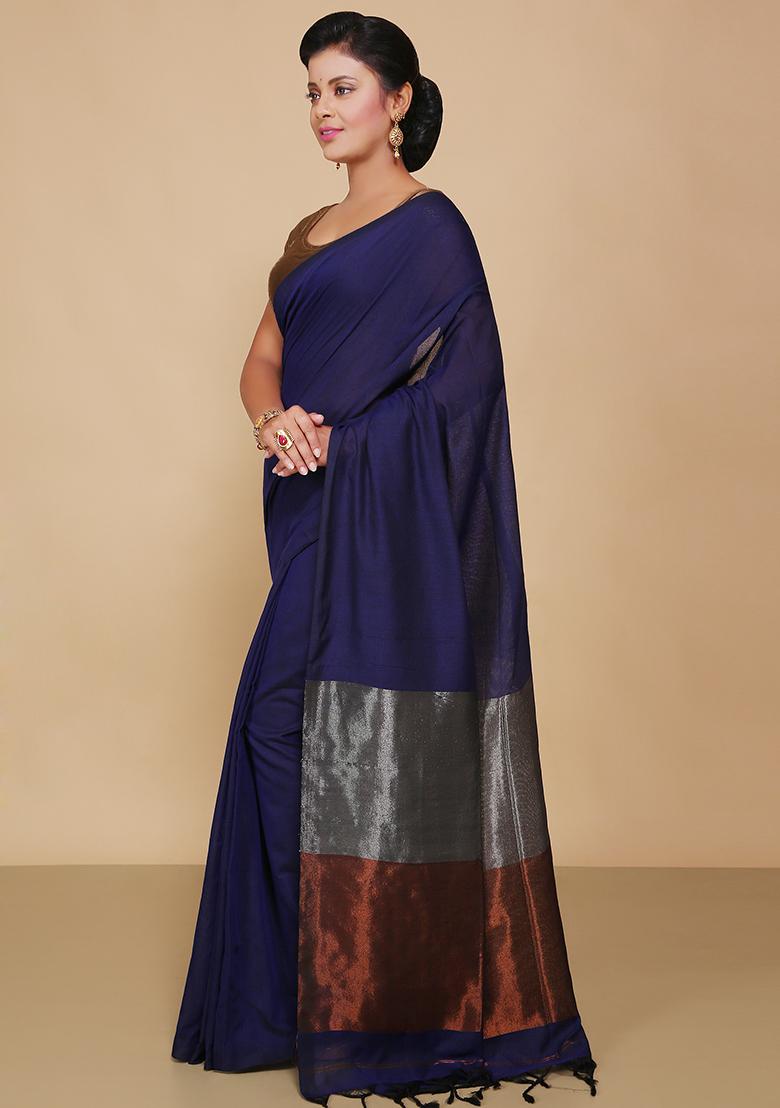 Blue Embroidered Cotton Saree Set - Indya