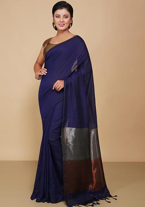 Blue Embroidered Cotton Saree Set