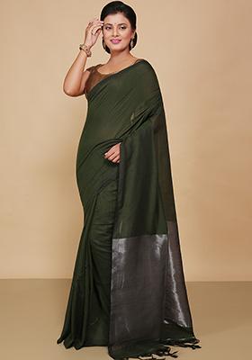 Green Embroidered Cotton Saree Set
