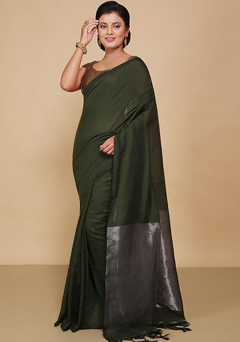 Green Embroidered Cotton Saree Set