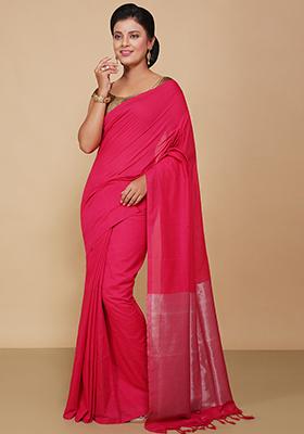 Pink Embroidered Cotton Saree Set