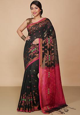 Black Embroidered Art Silk Saree Set