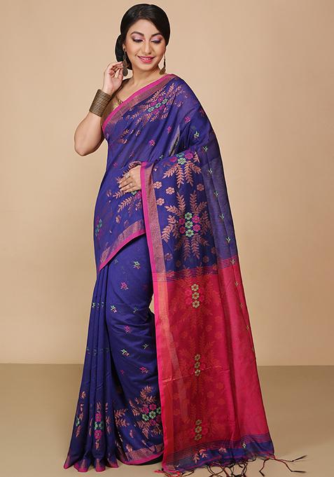 Blue Embroidered Art Silk Saree Set