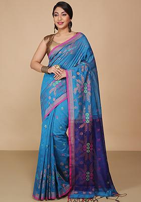 Turquoise Embroidered Art Silk Saree Set