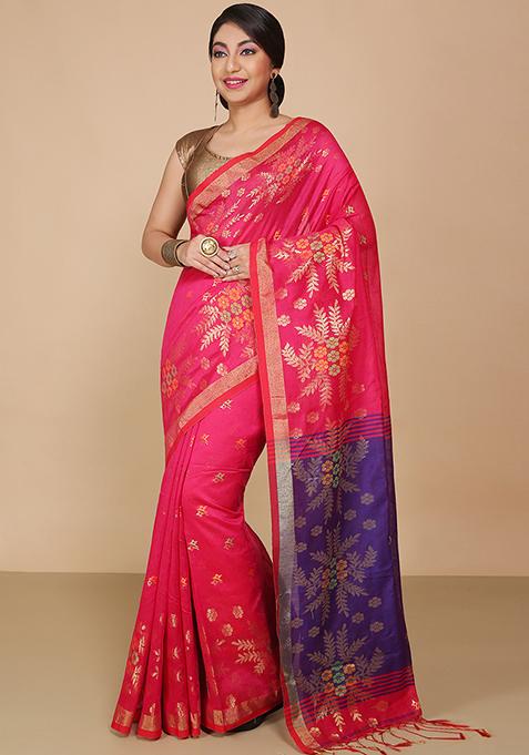 Pink Embroidered Art Silk Saree Set