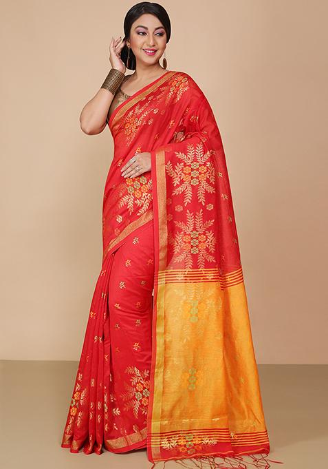 Red Embroidered Art Silk Saree Set