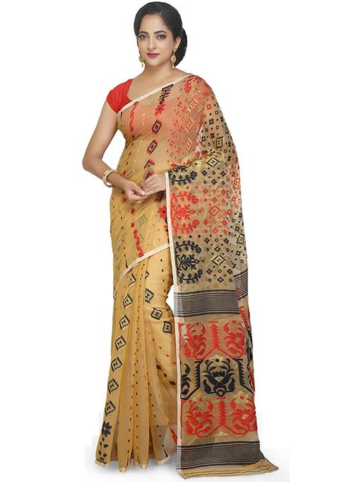 Beige Jamdani Art Silk Saree