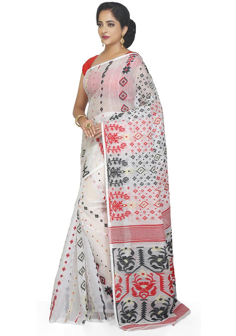 White Jamdani Art Silk Saree