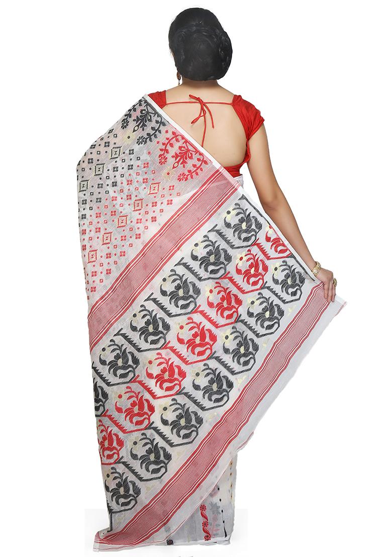 White Jamdani Art Silk Saree