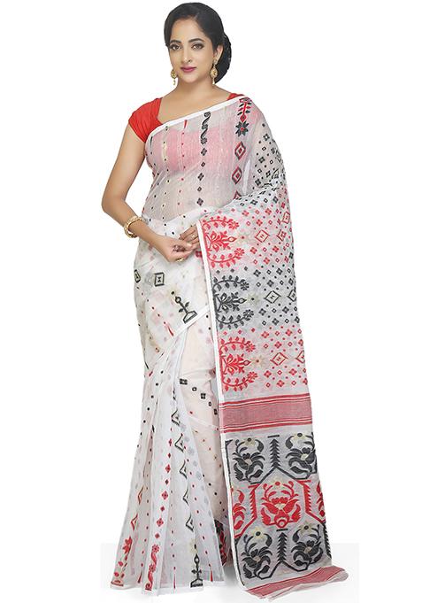 White Jamdani Art Silk Saree