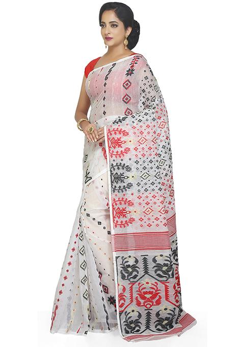 White Jamdani Art Silk Saree