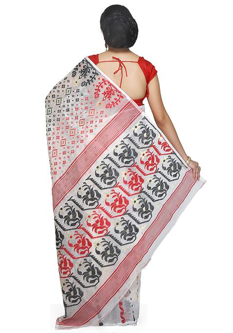 White Jamdani Art Silk Saree