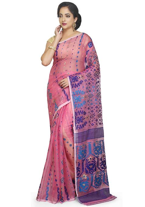 Pink Jamdani Art Silk Saree