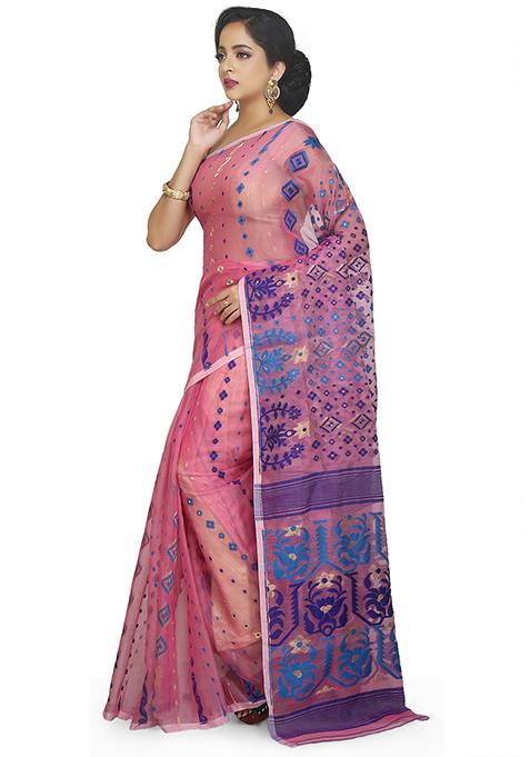 Pink Jamdani Art Silk Saree