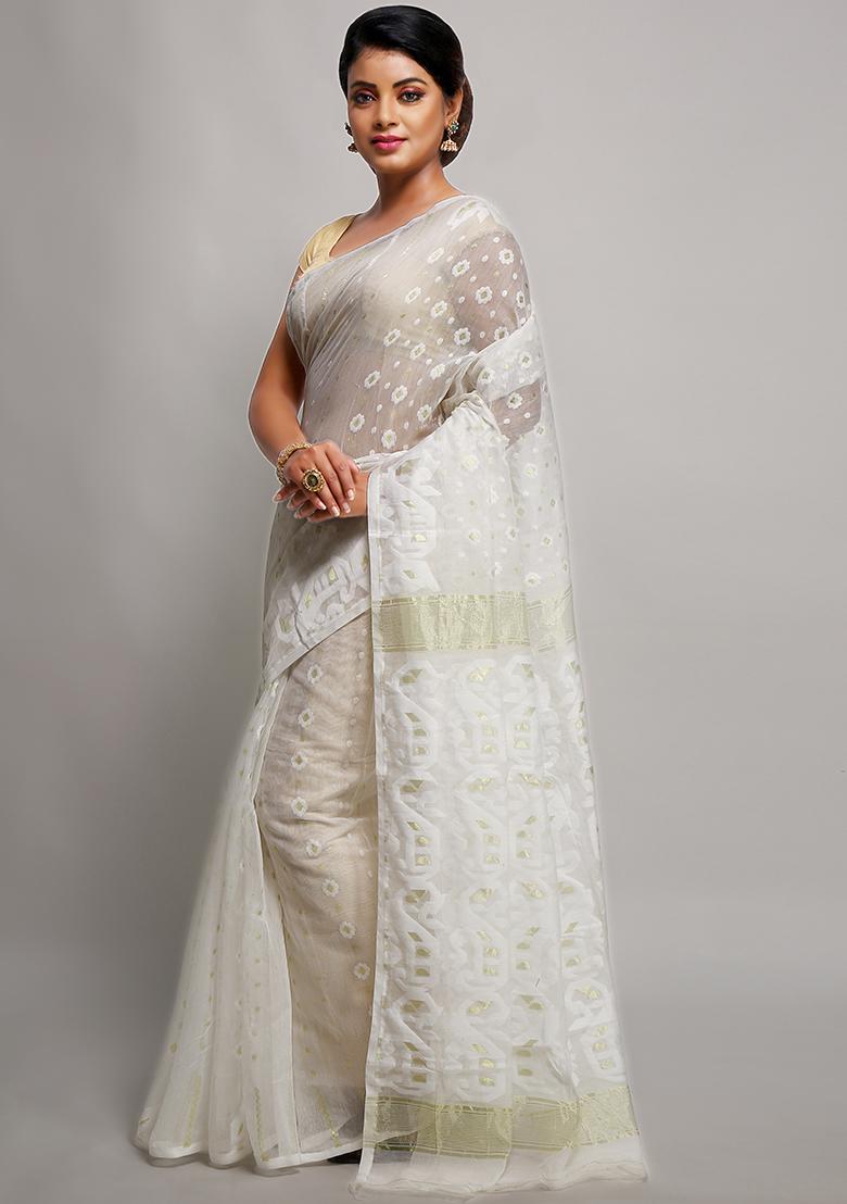 White Jamdani Art Silk Saree