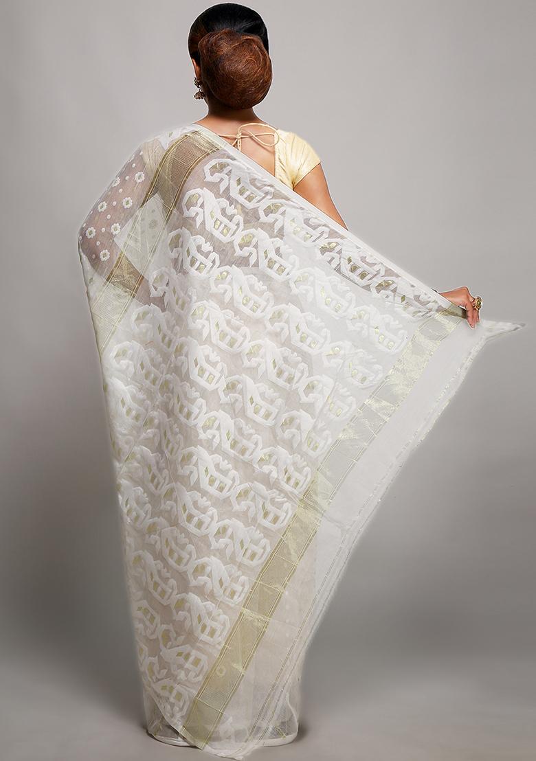 White Jamdani Art Silk Saree