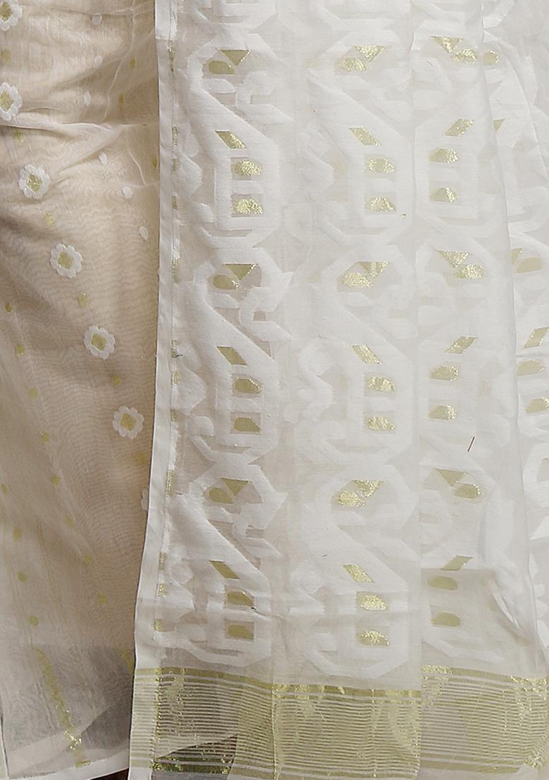 White Jamdani Art Silk Saree