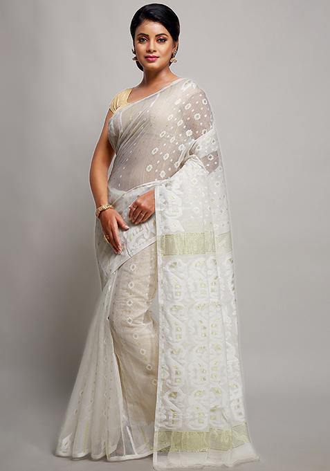 White Jamdani Art Silk Saree